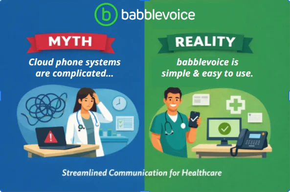 Illustration contrasting myth and reality about cloud phone systems, showing a stressed doctor versus a relaxed healthcare worker using babblevoice easily.