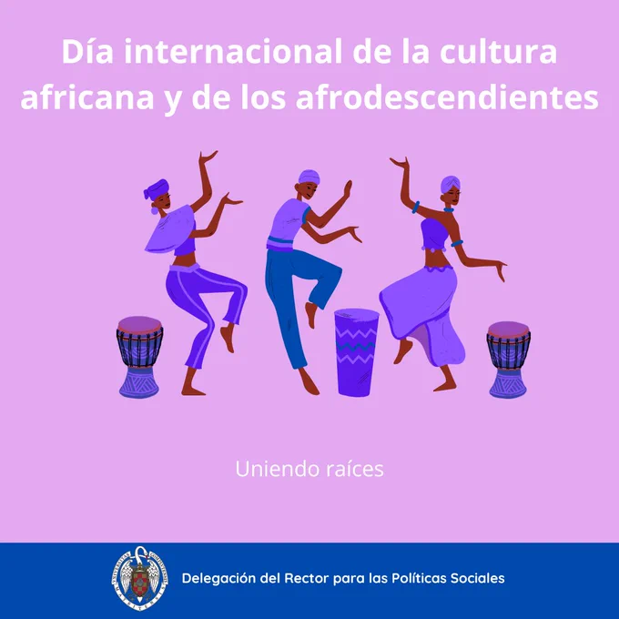 Fondo rosa y letra de color blanco. Aparece la imagen personas de tez negra . Abajo del dibujo, dice "uniendo raíces" y abajo del todo en una franja azul aparece el logo de la universidad complutense y a su derecha, se lee: delegación del rector para las políticas sociales.
