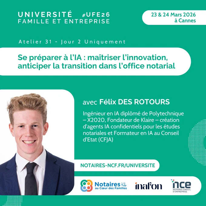 
Rejoignez cet atelier exclusif animé par Félix DES ROTOURS qui vous permettra de :
– Comprendre l’IA et ses principes de fonctionnement
– Connaître et maîtriser les outils grand public
– Identifier les cas d’usage concrets, les limites et les risques des modèles IA pour son office
– Maîtriser la règlementation spécifique à l’IA
– Anticiper l’introduction de l’IA dans son office
