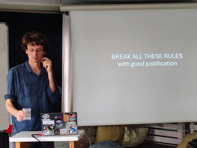 Will Dorrell is talkig about breaking the rules during the Science Communication workshop.