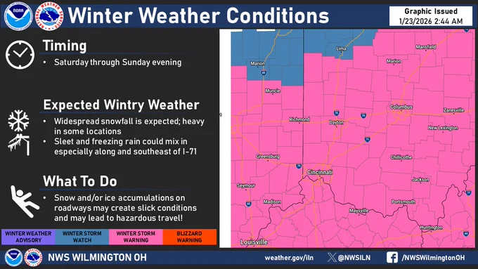 Graphic showing a Winter Storm Warning for the entire area Saturday through Monday morning.
