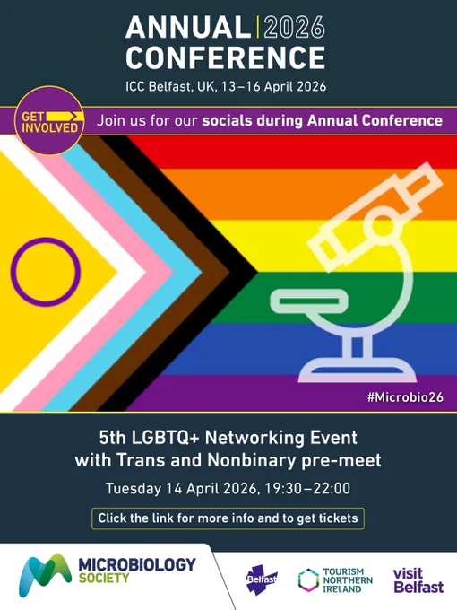 Colourful banner for the 2026 Annual Conference in Belfast featuring LGBTQ  Pride and Progress flags with a microscope icon and event details.