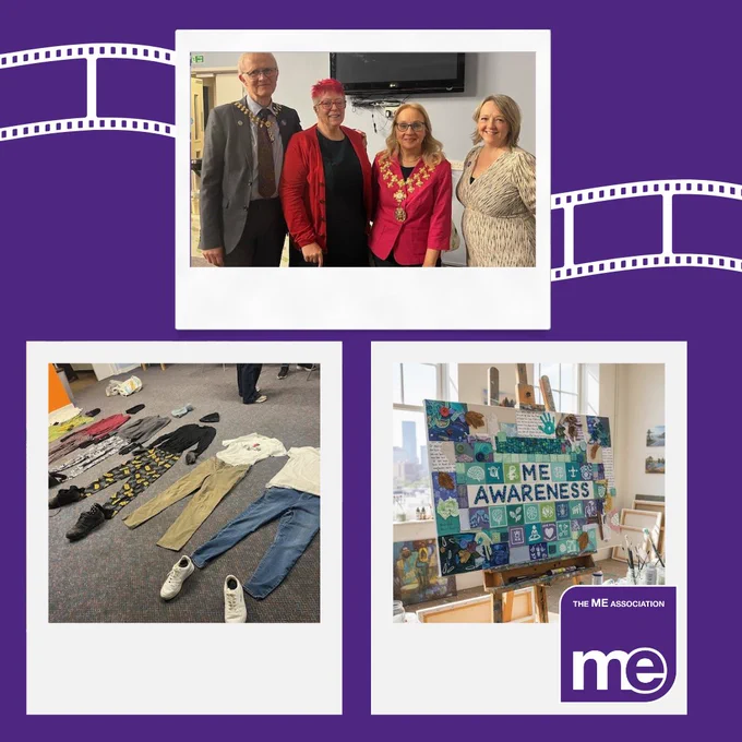 IMAGE DESCRIPTION: Images from the Mayor of Trafford ME Awareness evening including one of clothes laid on the floor to represent 'missing people' and an image of the ME Awareness Artwork made at the event. The ME Association Logo (bottom right)
