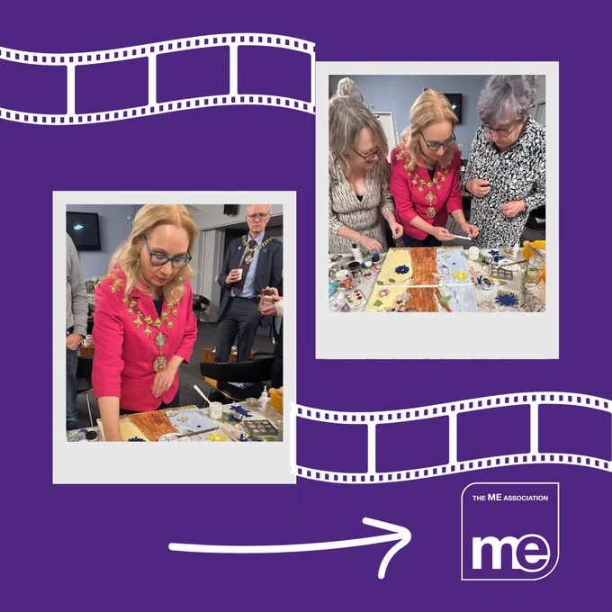 IMAGE DESCRIPTION: The Mayor of Trafford at the ME Awareness evening contributing to artwork. The ME Association Logo (bottom right)
