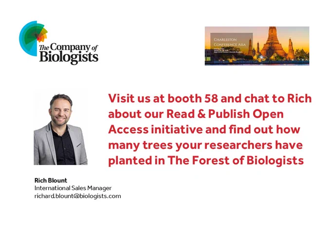 The Company of Biologists logo appears at top left, with a panoramic image of a conference venue at top right. Text reads: “Visit us at booth 58 and chat to Rich about our Read & Publish Open Access initiative and find out how many trees your researchers have planted in The Forest of Biologists.” On the left is a professional portrait of Rich Blount, International Sales Manager, with his name, title and email address listed below.