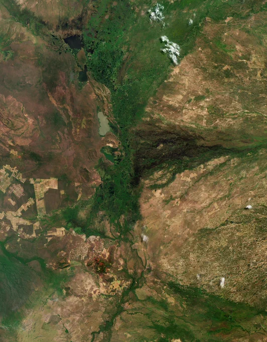 This image from September 2025 captures a small fraction of the Pantanal, which straddles the border between Bolivia to the west, and the Brazilian states of Mato Grosso to the north and Mato Grosso do Sul to the east. A complex mosaic of flooded grasslands, savannas, tropical forests, rivers and human settlements are visible in the image.