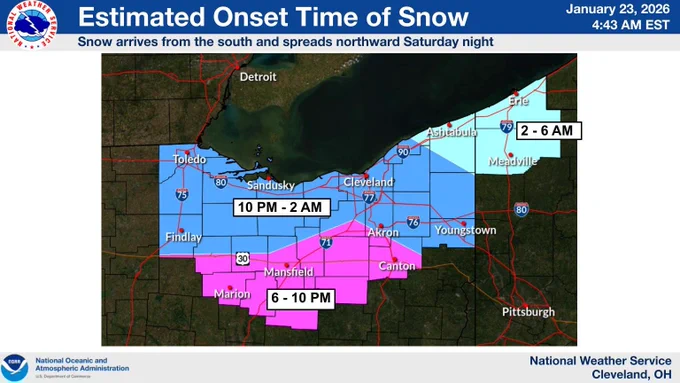 Map showing estimated snow onset times, with snow spreading north Saturday evening and overnight.