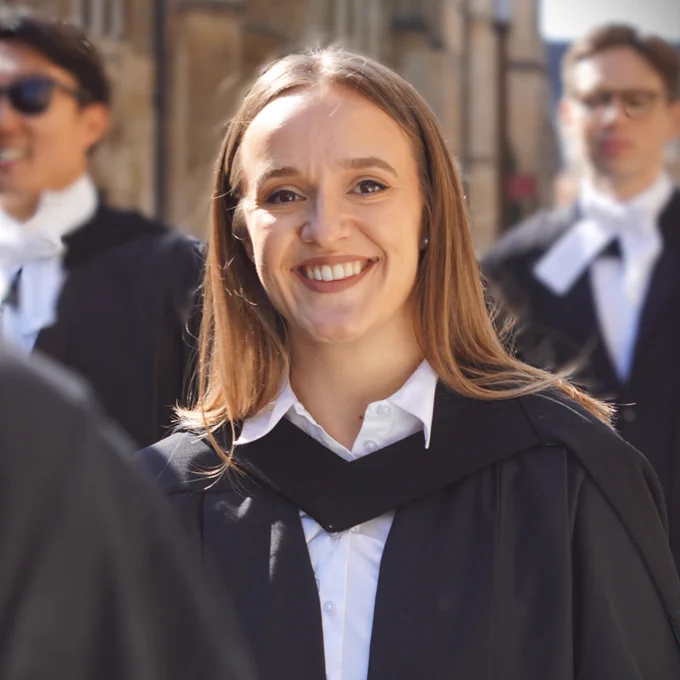 Juliet Powell walking to her graduation ceremony