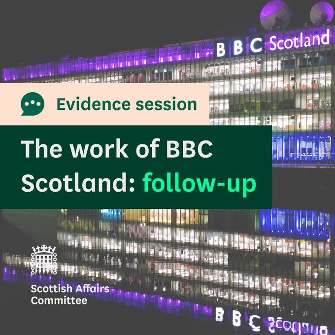 Evidence session.
The work of BBC Scotland: follow up
Scottish Affairs Committee.
Photo shows the BBC Scotland headquarters in Glasgow, Scotland at night, with all the lights on in the offices, purple lighting on the roof of the building with a BBC Scotland light up sign. The lights of the building are reflected in the water beside it.