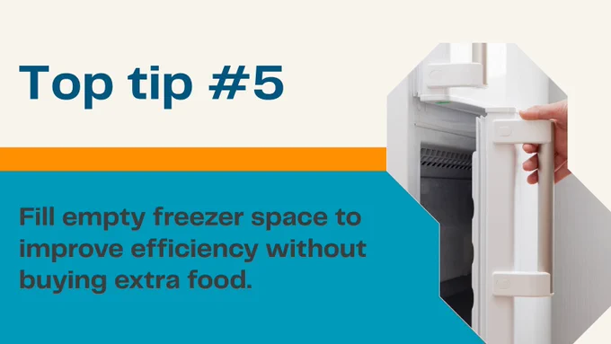 Graphic reading ‘Top tip #5: Fill empty freezer space to improve efficiency without buying extra food,’ alongside a close-up photo of a hand opening a white freezer door.