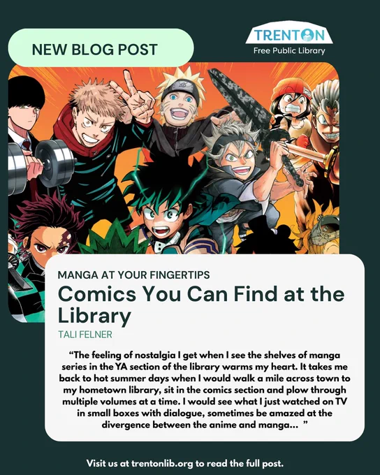 Colorful manga characters surround a promotional card for a Trenton Free Public Library blog post about manga comics available at the library.