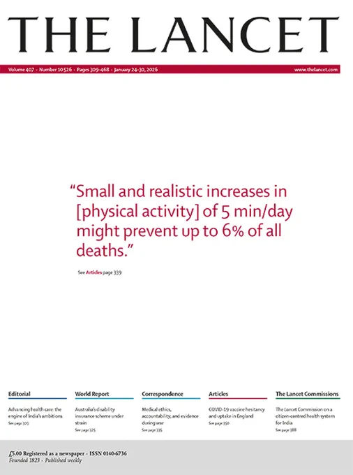 Cover of The Lancet's Jan 24, 2026 issue. Quote on cover reads: \"Small and realistic increases in [physical activity] of 5 min/day might prevent up to 6% of all deaths.\"