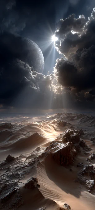 Path-traced volumetric godrays pierce dense atmospheric layers. Global illumination sculpts endless dunes under extraterrestrial light. Pure depth map mastery in alien terrain.