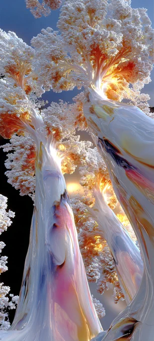 Procedural subsurface scattering flows through fractal branches. Volumetric glow ascends in controlled chaos, high-bit-depth gradients defying gravity. Organic entropy at scale.