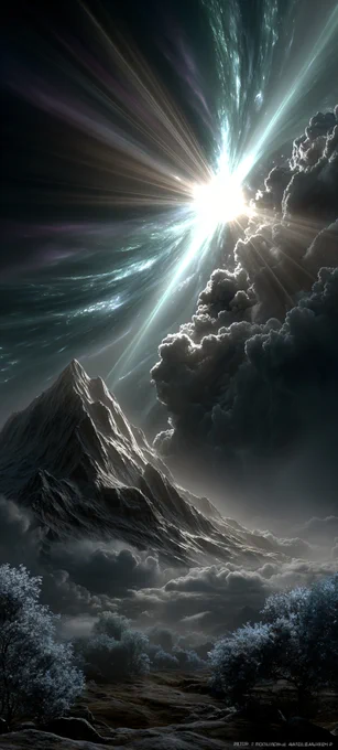 Path-traced volumetric explosion dominates atmospheric scattering. Global illumination rays carve through dense clouds onto micro-displaced peaks. Epic entropy in motion.