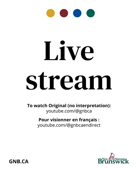 Promotional poster for a live stream event by the Government of New Brunswick, featuring the text "Live stream" prominently at the top, a YouTube channel link, and the Government of New Brunswick logo at the bottom.