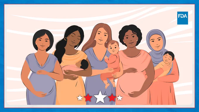 A cartoon illustration showing 5 diverse women holding babies and pregnant. 