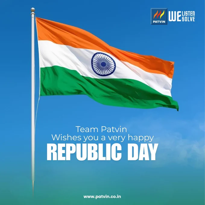 Indian national flag waving against a clear blue sky with a Republic Day greeting from Team Patvin and the message “Wishes you a very happy Republic Day.