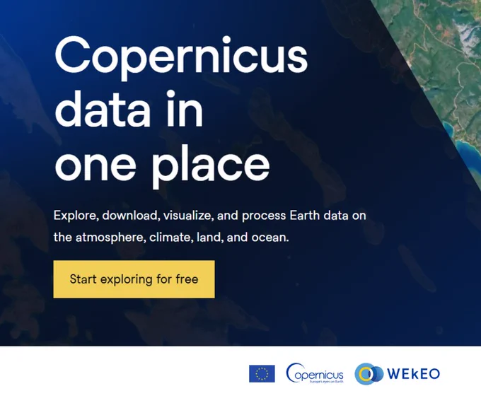 Promotional image for Copernicus data services, titled 'Copernicus data in one place'. Text inviting users to explore, download, visualize, and process Earth data related to atmosphere, climate, land, and ocean. Includes a 'Start exploring for free' button and logos for Copernicus and WEKEO at the bottom. Background shows a partial view of Earth from space.