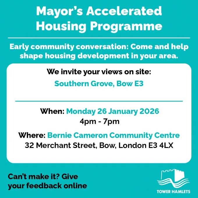 Community conversation event info for Mayor's Accelerated Housing Programme Mon 26 Jan, 4-7pm, Bernie Cameron Community Centre