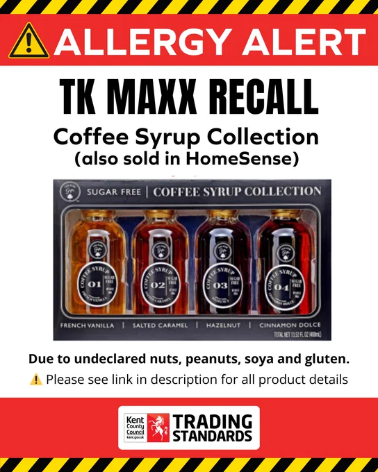 Recall alert showing image of product which is a black box of small glass bottles filled with syrup. There is a circular sticker on each numbered 1 to 4. At the bottom of the alert is the Kent County Council Trading Standards logo. 