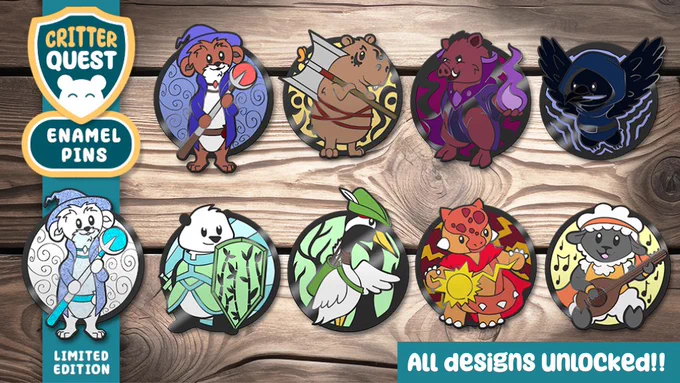 All of the enamel pins in the critter quest collection, based on ttrpg classes: The weazard, capybarbarian, boarlock, crowgue, pandadin, craneger, dinosorcerer and baaard.
