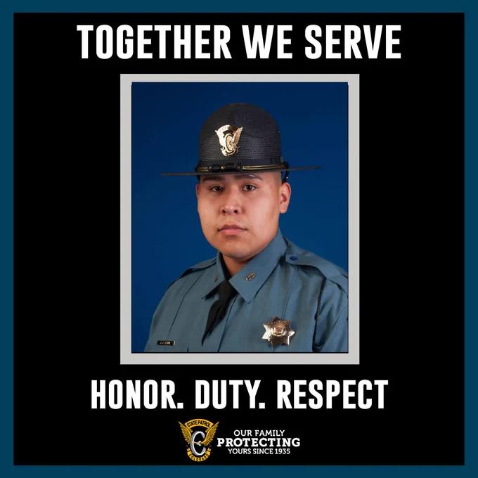 A centered portrait of a Trooper in uniform and a campaign hat against a solid blue background with a black frame. Above the portrait, white bold text reads, "Together we serve." Below the portrait, it reads "Honor. Duty. Respect." At the bottom is the Colorado State Patrol logo with the slogan "Our family protecting yours since 1935." 