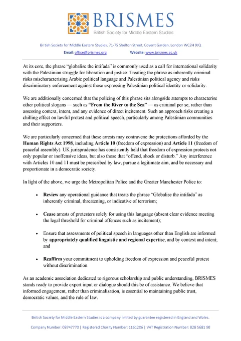 The image shows page 2 of the letter from BRISMES. The letter is available to read in full on the BRISMES website: https://www.brismes.ac.uk/news/letter-regarding-arrests-for-use-of-the-phrase-globalise-the-intifada