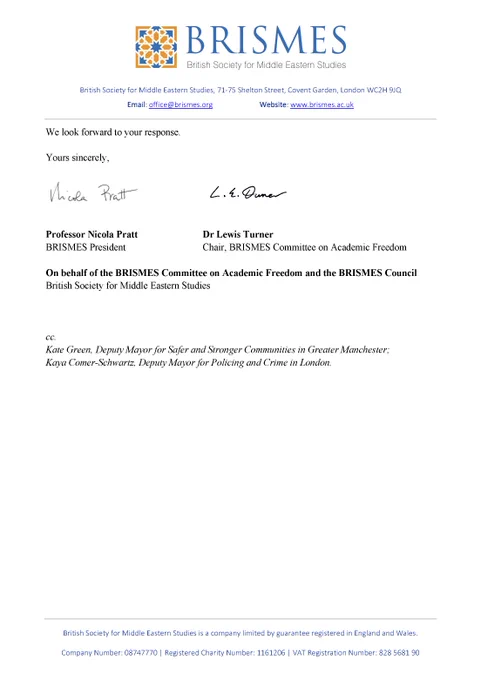 The image shows page 3 of the letter from BRISMES. The letter is available to read in full on the BRISMES website: https://www.brismes.ac.uk/news/letter-regarding-arrests-for-use-of-the-phrase-globalise-the-intifada