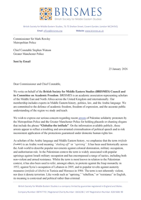 The image shows page 1 of the letter from BRISMES. The letter is available to read in full on the BRISMES website: https://www.brismes.ac.uk/news/letter-regarding-arrests-for-use-of-the-phrase-globalise-the-intifada