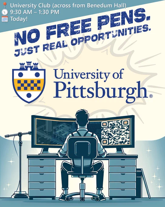 Poster graphic for DLB’s appearance at the University of Pittsburgh Co-op & Internship Job Fair. The bold headline reads: “No Free Pens. Just Real Opportunities.” Below, the University of Pittsburgh logo is featured prominently. An engineer sits at a dual-monitor workstation displaying schematics and a glowing QR code. Event info appears in the corner: “University Club (across from Benedum Hall). 9:30 AM – 1:30 PM. Today!"