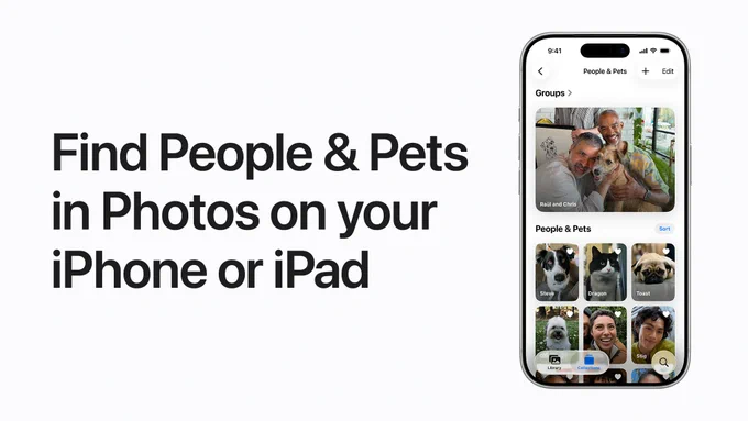 Find People & Pets in Photos on your iPhone or iPad. The Photos app is open on iPhone to the People & Pets collection. A large photo on the top half of the screen features two men and a dog. On the lower half of the screen, multiple photos of pets and people are shown.