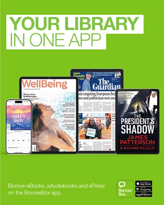 Digital devices displaying eBook, eAudiobook, eNewspaper, and eMagazine promoting the BorrowBox app as a library in one app.