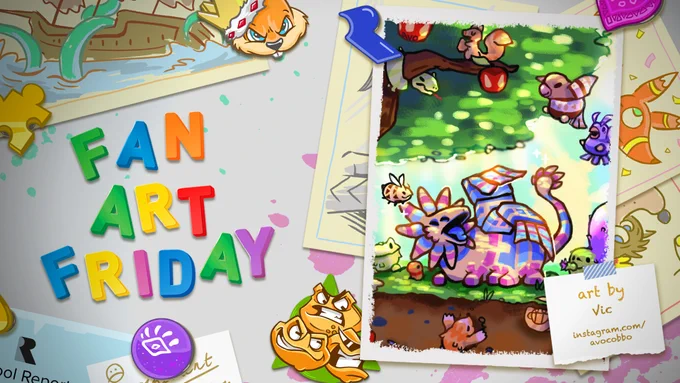 A cartoon fridge door with Fan Art Friday in colourful magnets. A framed piece of art on the right shows a very colourful Viva Piñata scene full of the papery critters from the game. A very happy Dragonache is filling the majority of the image, but they're surrounded by a Buzzlegum, Sparrowmint, Fudgehog, Lickatoad and more. Text reads: Art by Vic, instagram.com/Avocobbo.