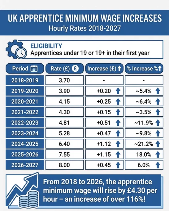 📈 Progress for Apprentices

In 2018, the apprentice minimum wage was £3.70 per hour.

From April 2026, it will rise to £8.00 per hour — an increase of over 116%.

This is a huge step forward. It shows real progress in valuing apprenticeships and bringing pay for trainees much closer to wider minimum wage standards. Fairer pay helps make apprenticeships more accessible, sustainable, and attractive — benefiting learners, employers, and the economy alike.

A reminder that long-term investment in skills really does pay off. 💪🎓