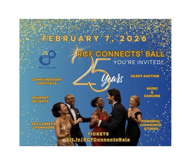A diverse set of people dressed elegantly laughing and dancing at the RCF Connects Ball on February 7, 2026. 
