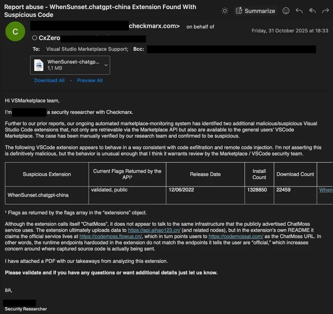 An email message, with personal information redacted, showing that Checkmarx Zero reached out to the VSMarketplace team on 31. Oct 2025 about the ChatMoss / WhenSunset extension's suspicious behavior