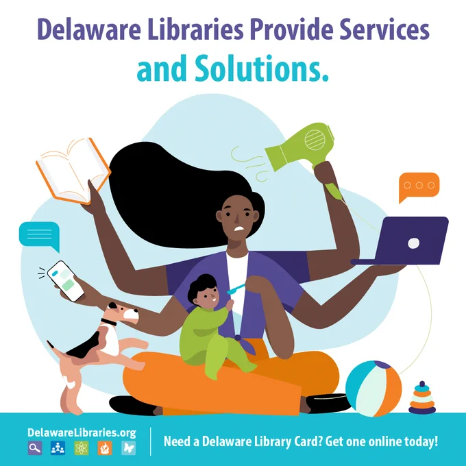 Illustration of a multitasking person with five arms holding a book, hairdryer, laptop, phone, and child, symbolizing Delaware Libraries' diverse services.