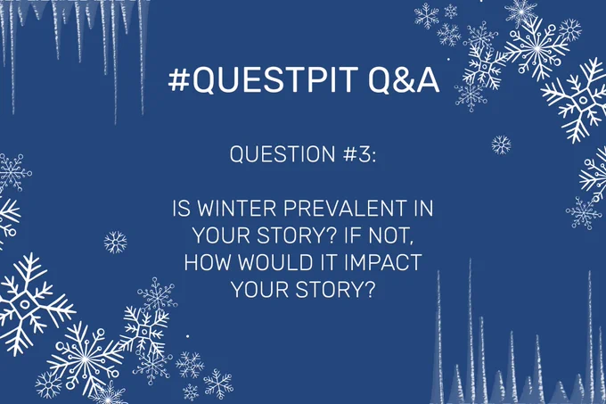 a dark blue background with snowflakes and ice sickles and text that reads “#QUESTPIT Q&A
QUESTION #3:
is winter prevalent in your story? if not, how would it impact your story?”