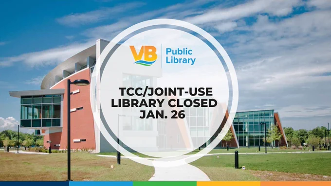 Image displaying the TCC/Joint-Use Library building with a notice that TCC/Joint-Use Library is closed on January 26.
