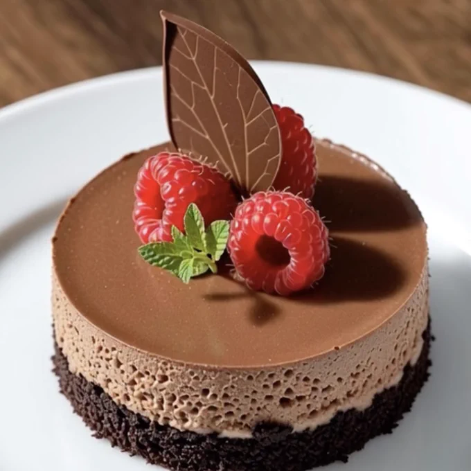 Molded 4" round dessert entremet with chocolate cake base, chocolate mousse, hidden layer of chopped pralines, raspberries and chocolate leaf.