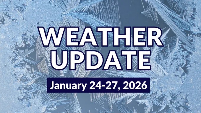 Weather Update January 24-27, 2026 on a frosty blue background with snowflakes.