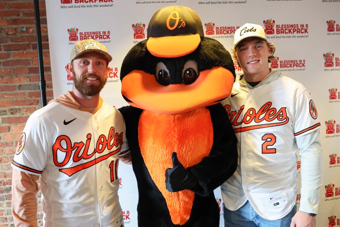 Jordan Westburg and Gunnar Henderson pose for a photo with the Oriole Bird.