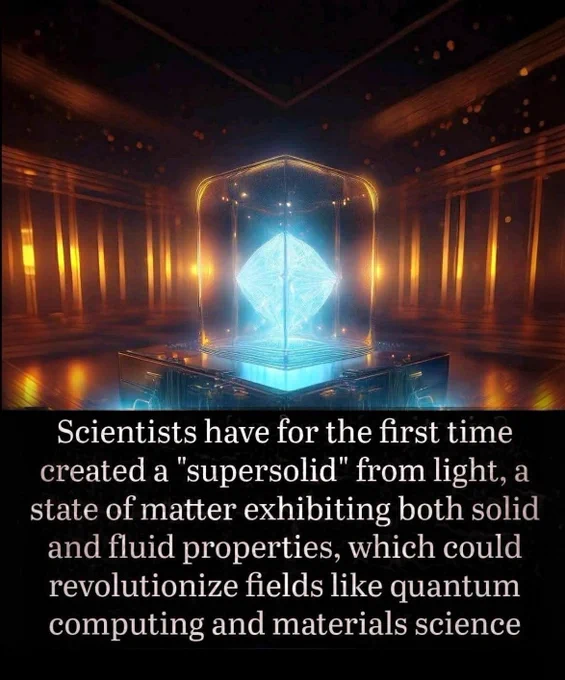 ✨ Scientists Just Froze Light… Into Something Impossible

Every once in a while, science pulls off something that makes you stop, stare, and rethink everything you learned in school.
This is one of those moments.

A group of physicists just managed to do something that sounds almost unreal:
they turned light — yes, actual light — into a strange “supersolid” state that behaves like a solid and a liquid at the same time.

Here’s the wild part…

They didn’t trap the light in a box or freeze it with some sci-fi gadget. Instead, they used a tiny semiconductor carved with microscopic ridges. When laser light hit it, the light mixed with the material in such a perfect way that it formed new hybrid particles. These particles lined up like a crystal… yet still flowed with zero resistance, as if the rules of physics were on pause.

A structure that stands still and moves at the same time.
A material made not from atoms… but from light itself.