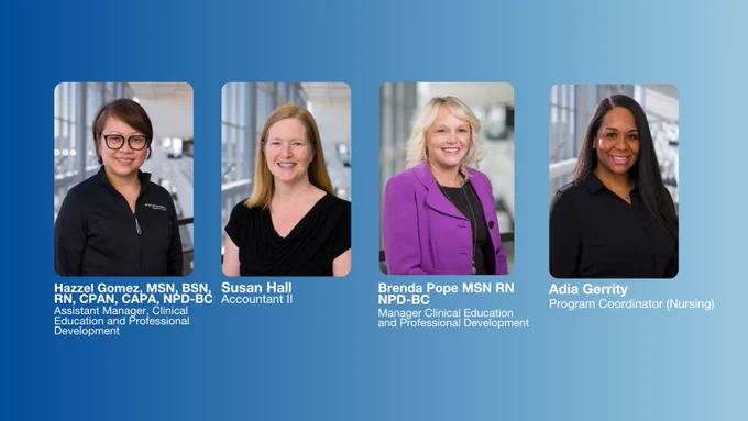 Four professional portraits of healthcare staff, from left to right: Hazzel Gomez, Susan Hall, Brenda Pope, and Adria Gerrity, each smiling and dressed in business attire against office backgrounds.