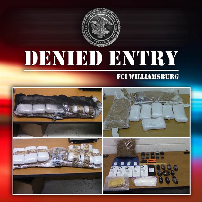 Collage showing various seized contraband items labeled 'Denied Entry' from FCI Williamsburg, including packages wrapped in tape, bundles of a white substance, and electronic devices.
