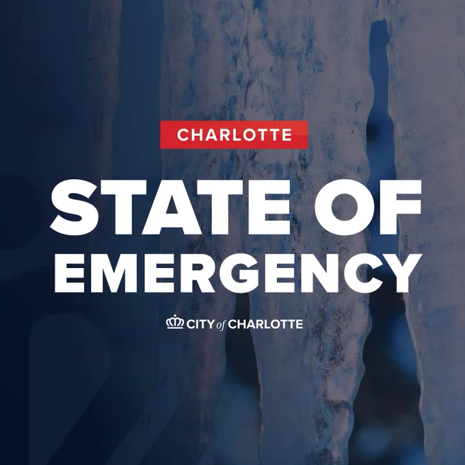Graphic titled 'State of Emergency' by the City of Charlotte, featuring an icy backdrop with bold text overlay.