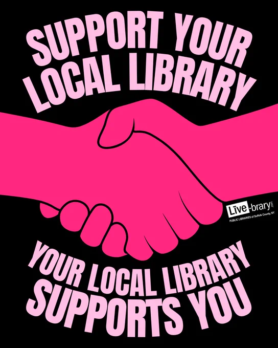 Support your local library, your local library supports you. Illustration of two hands clasped together.