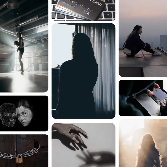 A collage of 9 photos of different sizes featuring a woman kick boxing in a ring, credit cards lying on a keyboard, a woman sitting on a rooftop hugging her knees, a technological recreation of a face, a lonely woman looking out of a window, a hooded figure examining a card, a chained door, a hand reaching for a shadow of a hand and a blurry silhouetted woman. The collage is intended to create the sense of illusion, shapeshifters and mental isolation and darkness.