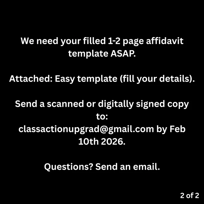 A screenshot of a social media post continuation calling for affidavits in a class action against upGrad. The text reads: 'We need your filled 1-2 page affidavit template ASAP. Attached: Easy template (fill your details). Send a scanned or digitally signed copy to: classactionupgrad@gmail.com by Feb 10th 2026. Questions? Send an email.'